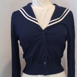 Hell Bunny Navy Blue Sailor Cropped Cardigan Sweater Pin Up